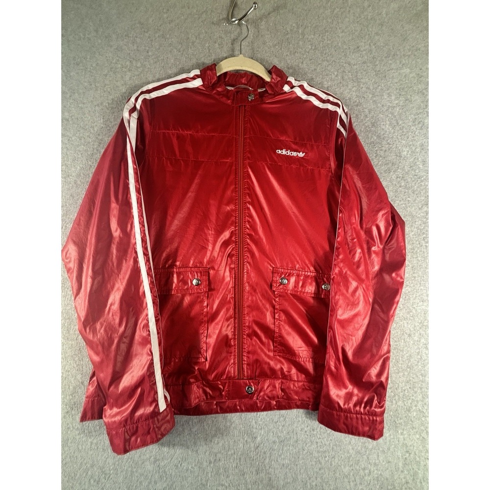Adidas Originals Jacket Mens Large Red White Shiny Full Zip Trefoil Windbreaker
